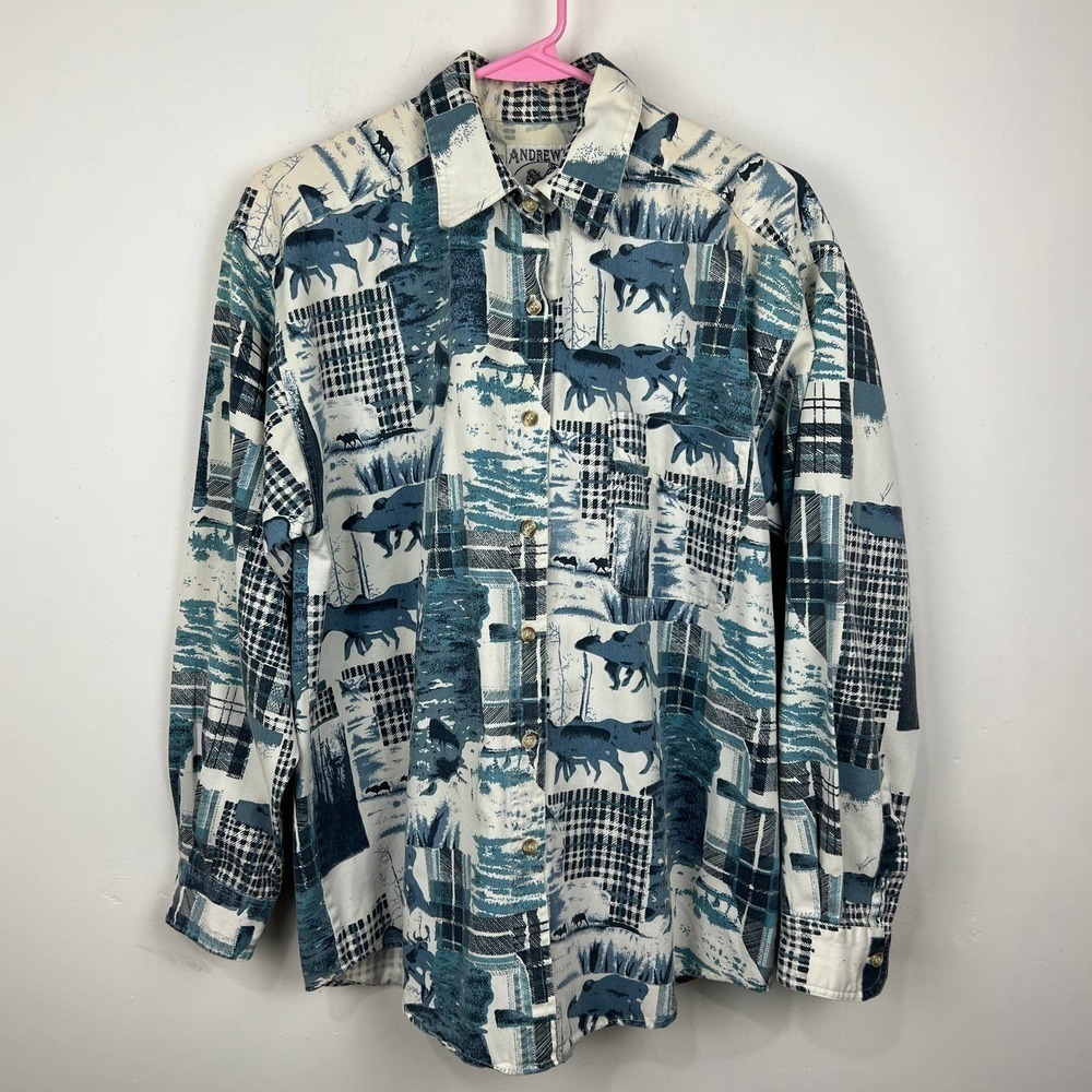 Vintage 90's Western Andrews Blues Button Down Horse Print Shirt Womens Size: M